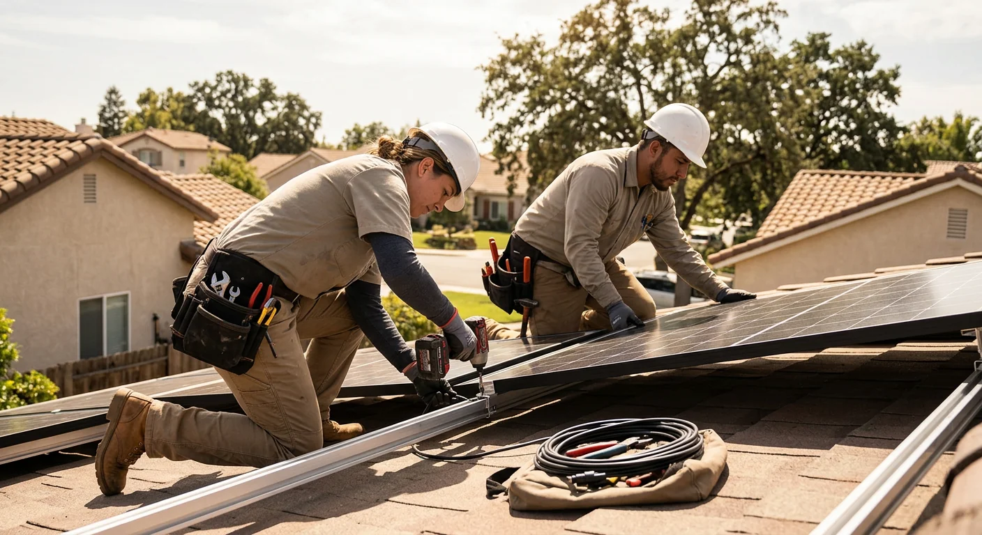 Crew reviewing commercial solar array pricing plans on a Stockton rooftop worksite