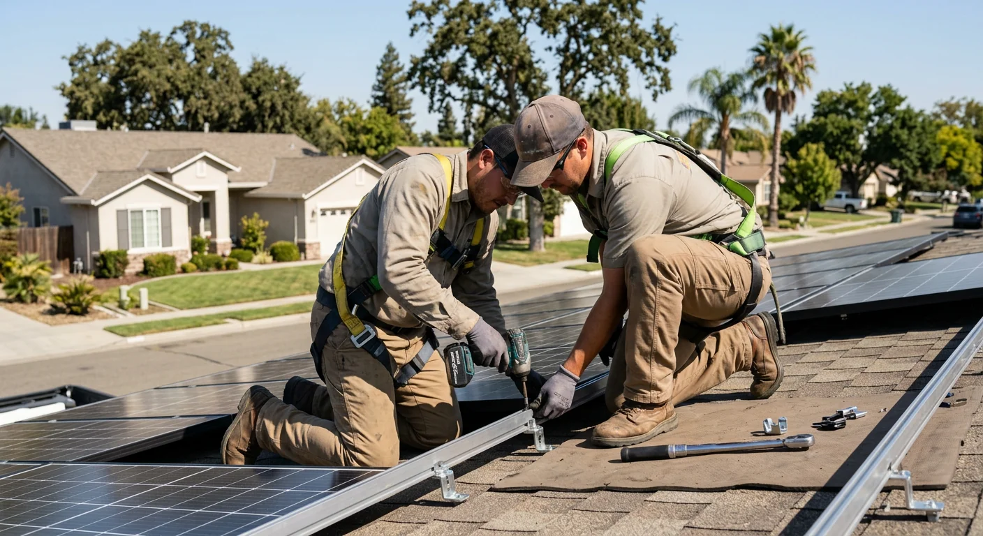 Solar crew installing commercial rooftop panels on a Stockton business building