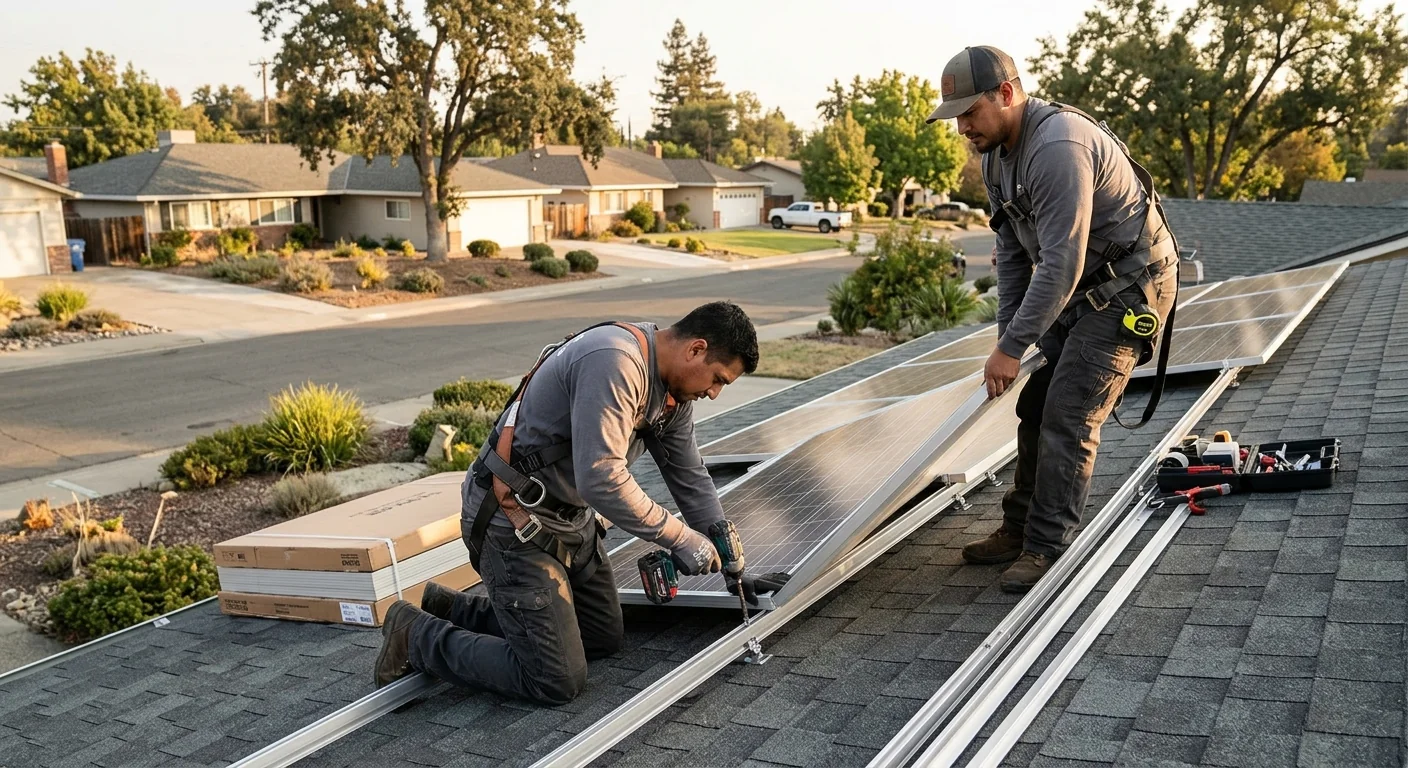 Crew mounting solar racking on a commercial rooftop in Stockton