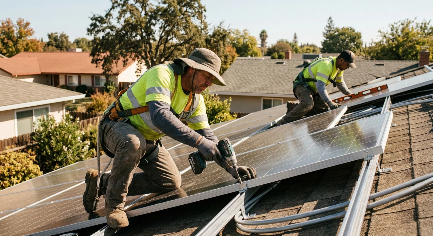 Solar crew mounting panel array on a flat commercial rooftop in Stockton