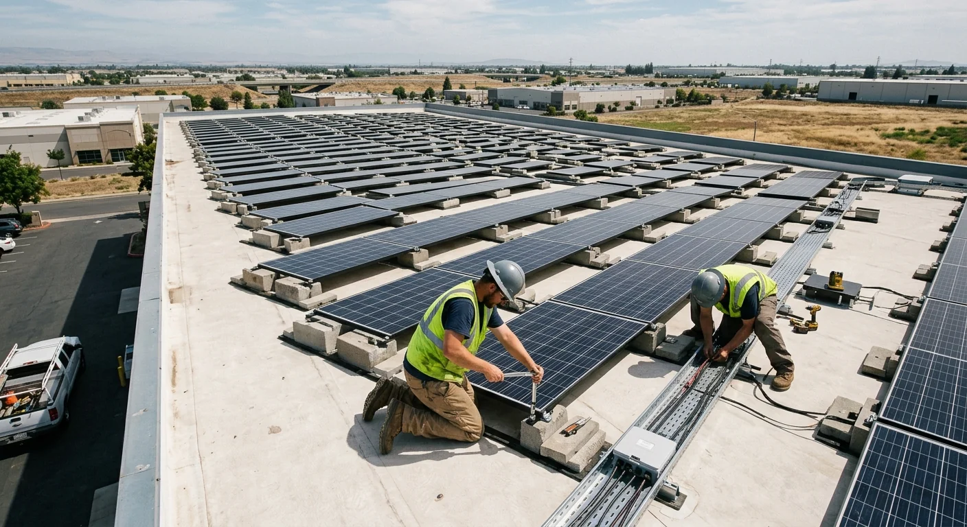 Wide shot of ballasted solar array across a large Stockton warehouse flat roof