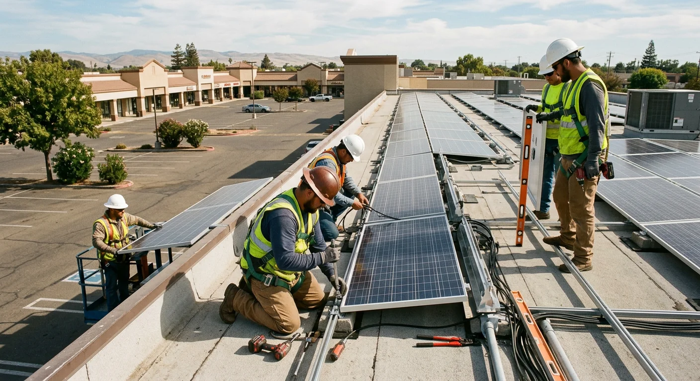 Straight rows of solar panels mounted above a Stockton retail strip building