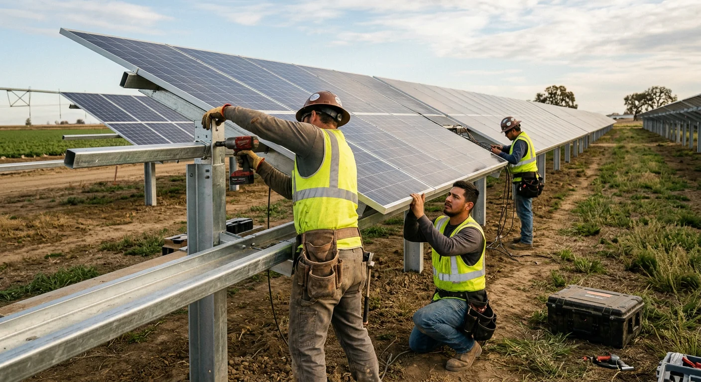 Ground-mount commercial solar field with steel racking on Stockton agricultural land