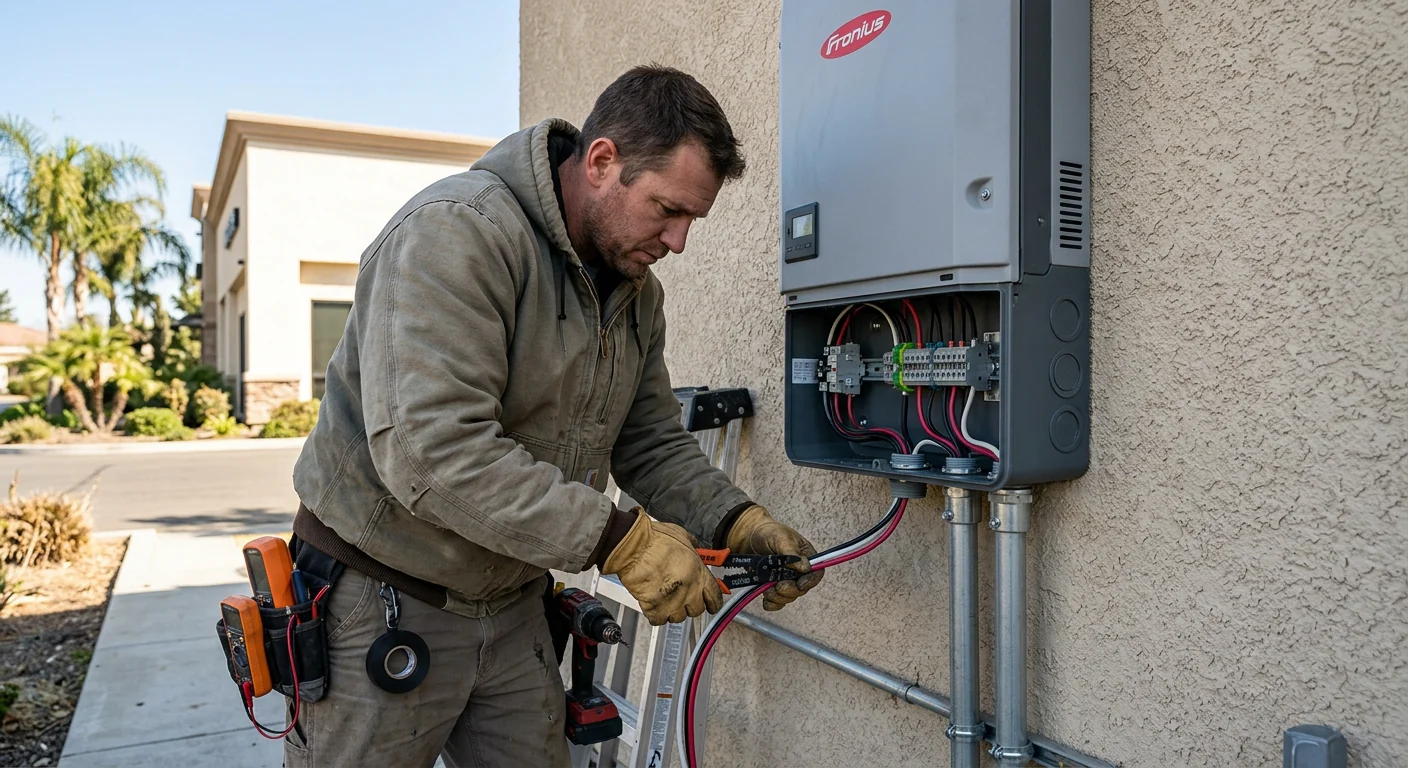 Close-up of commercial solar inverter wired and mounted on an exterior wall