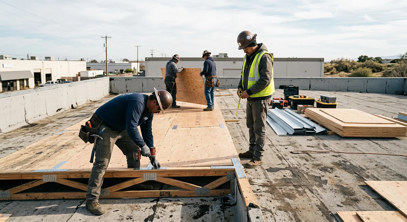 Crew reinforcing an older commercial roof before setting solar racking hardware