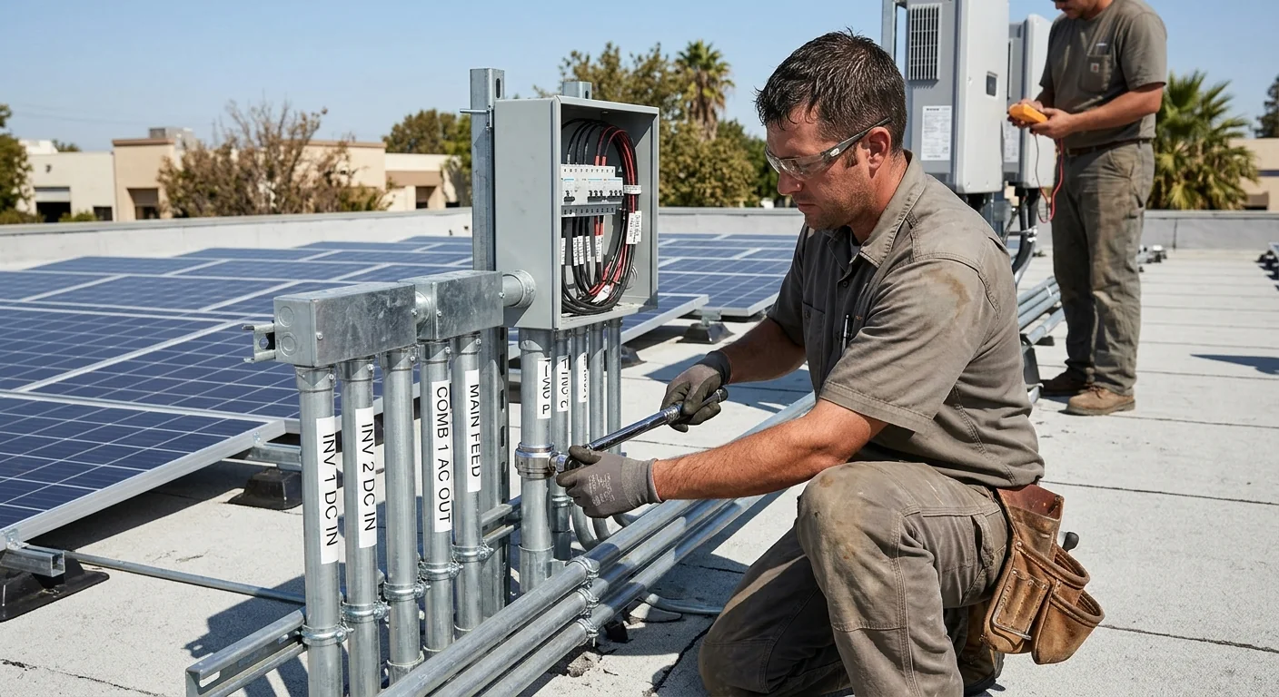 Labeled conduit runs and clean wiring feeding a commercial solar array