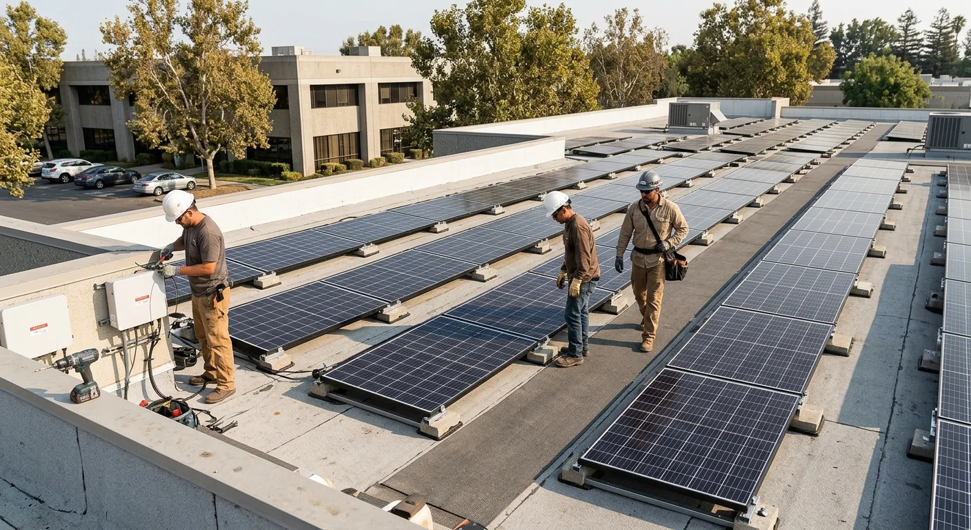 Finished solar array covering the roof of a Stockton office building