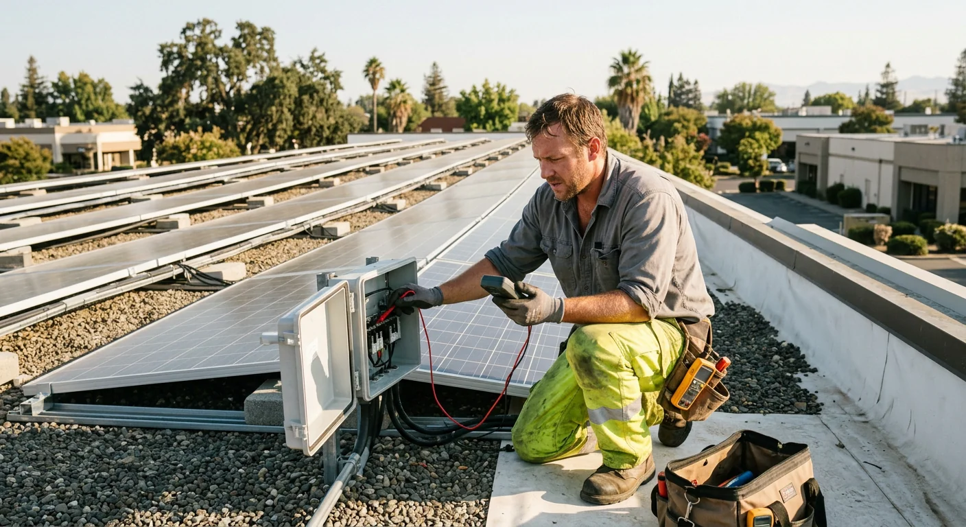 Technician testing output and monitoring on a completed commercial solar system