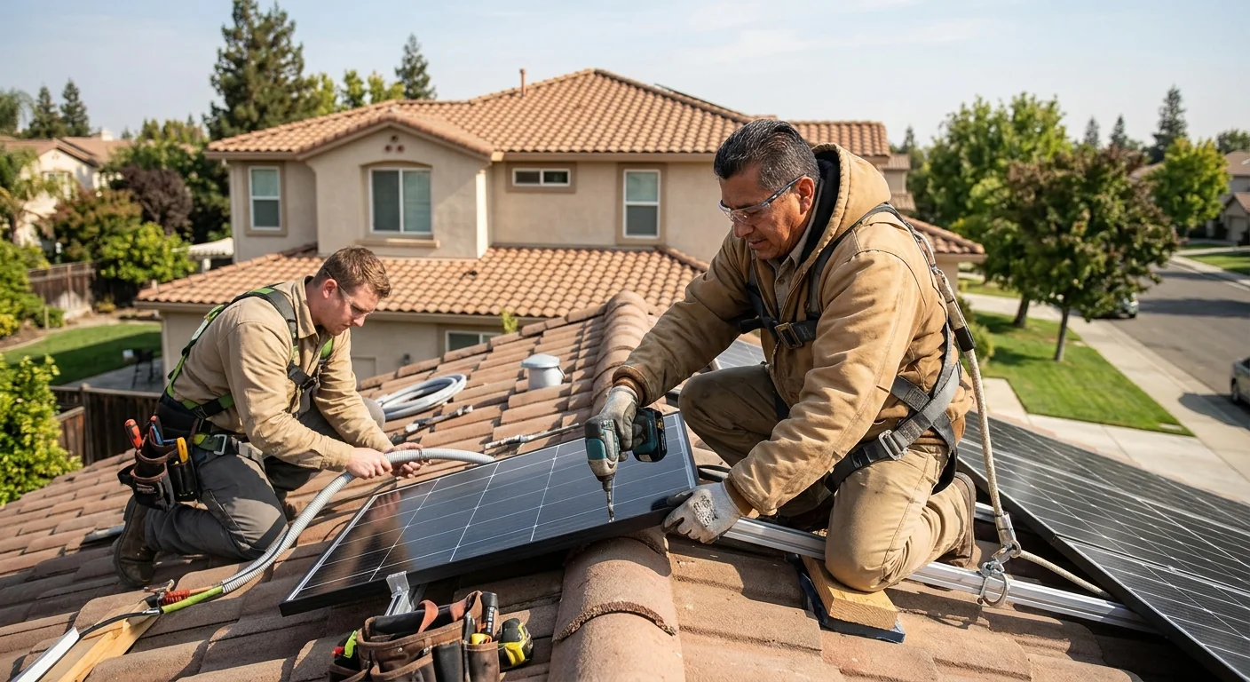 Technician planning off-grid solar battery bank layout at a Stockton property