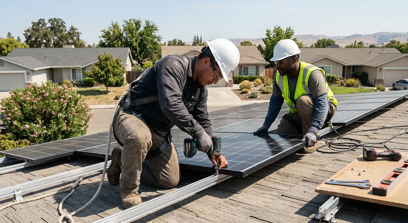 Off-grid solar array with battery bank installed on a Stockton property