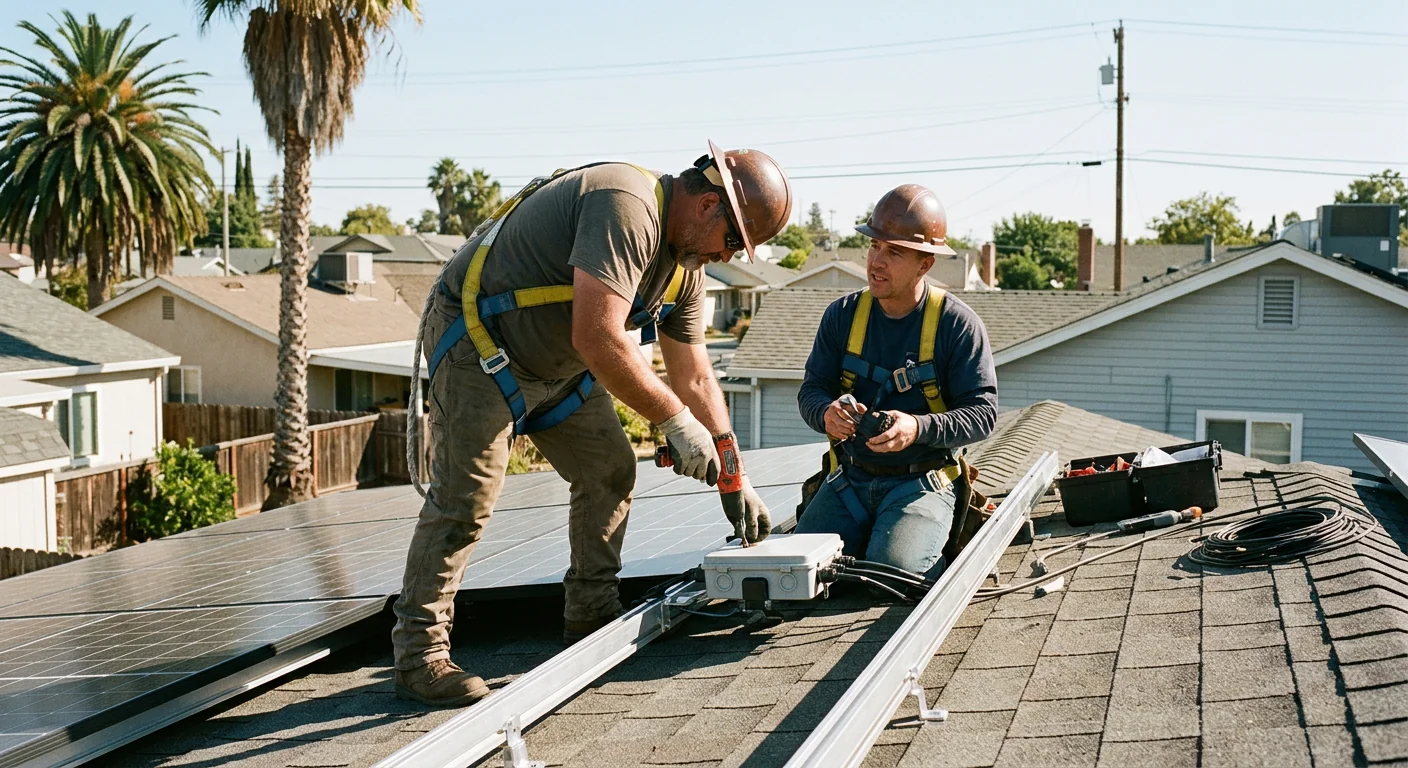 Off-grid solar array with battery bank mounted at a rural Stockton property