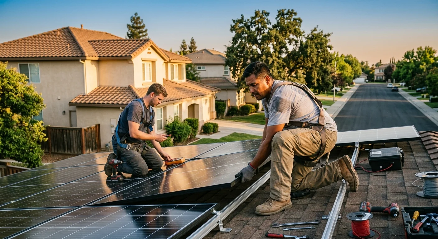 Off-grid solar array with ground mount and battery bank on a Stockton property