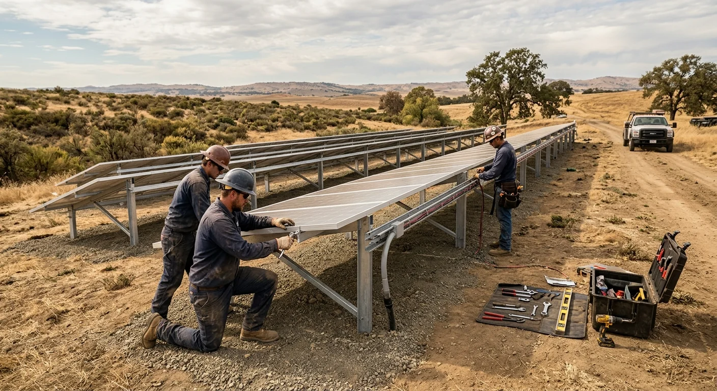 Wide shot of a ground-mount off-grid solar array on rural Stockton land