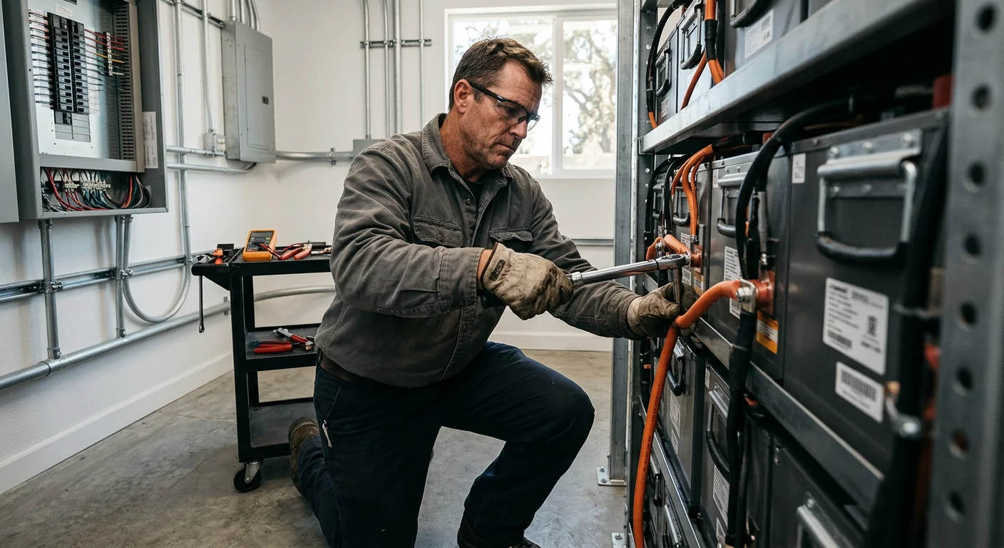 Close-up of a lithium battery bank wired inside a clean equipment room