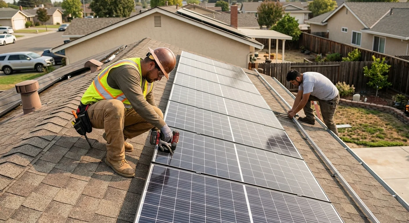 Roof-mounted solar panels installed square on a Stockton ranch home