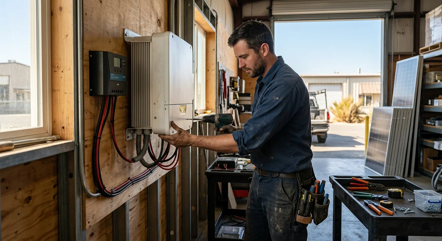 Technician setting a solar inverter and charge controller on a shop wall
