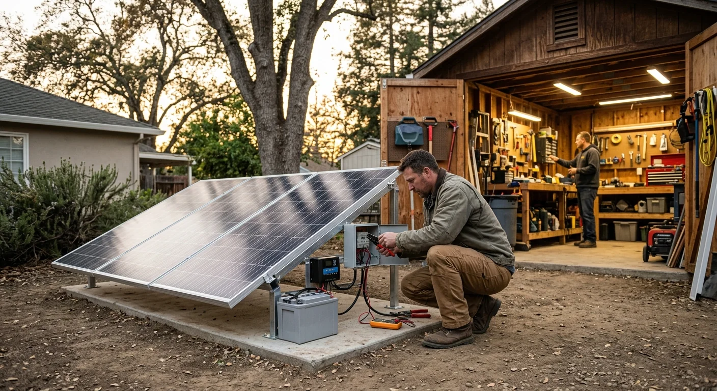 Backyard workshop powered by a compact off-grid solar setup at dusk