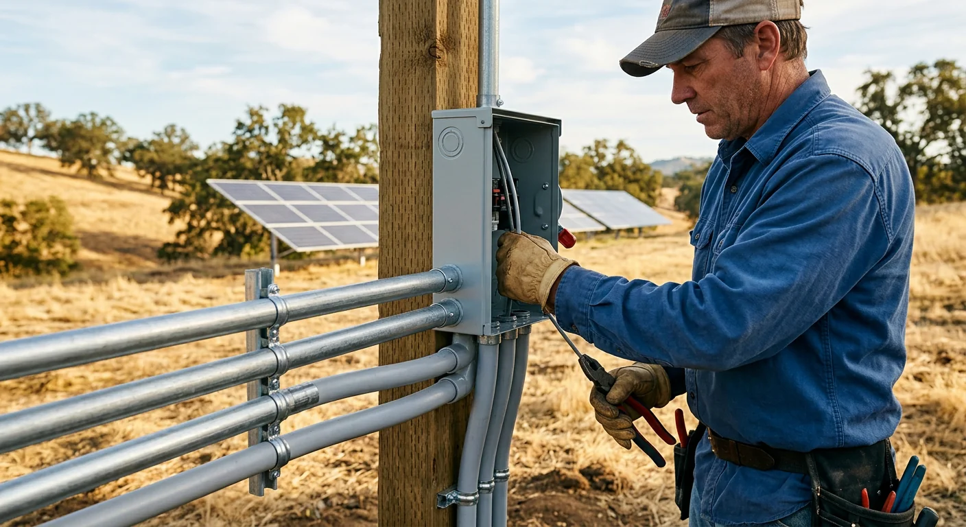 Neat conduit runs feeding an outdoor solar disconnect on a rural property
