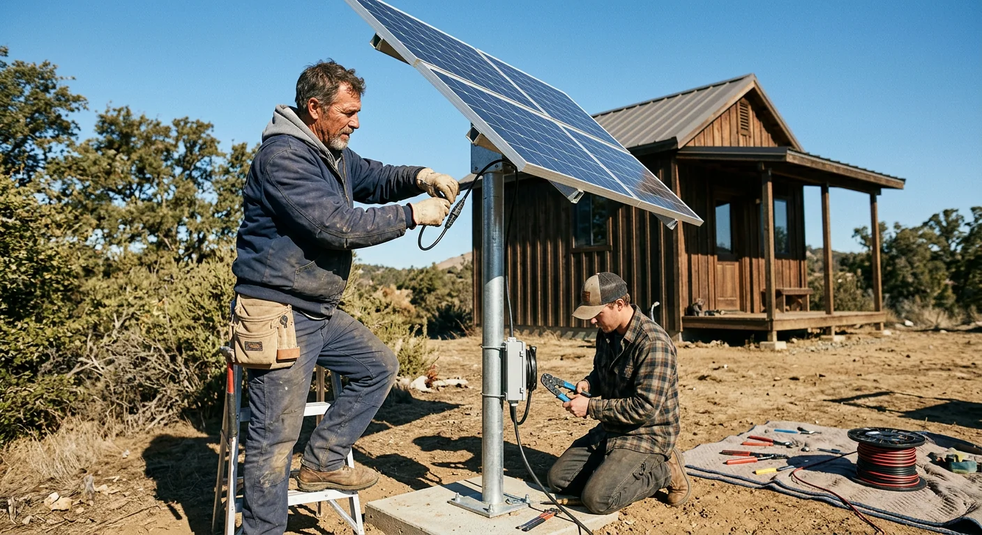 Remote cabin with pole-mounted solar panels under bright Stockton sky