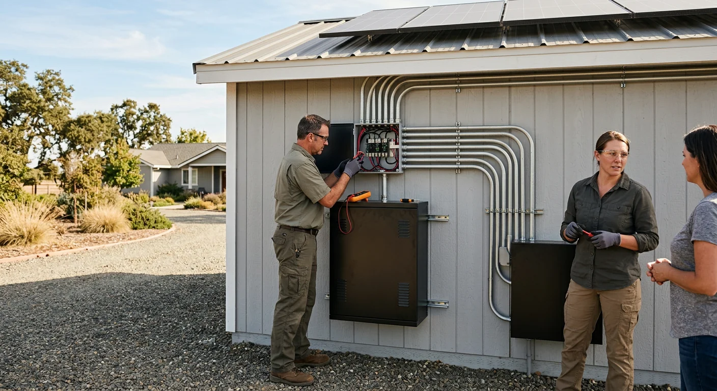 Finished off-grid solar system with tidy wiring and mounted battery cabinet
