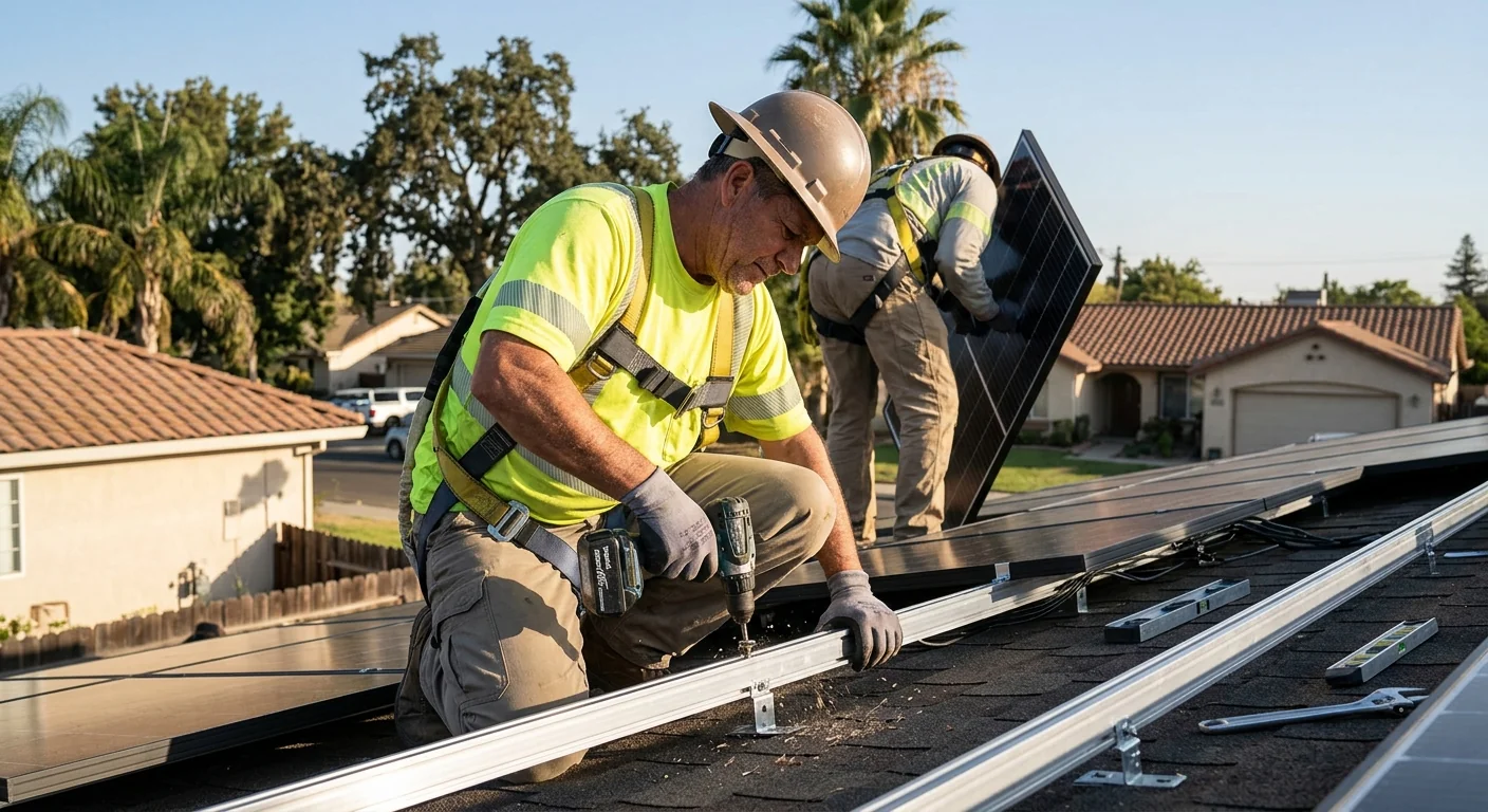 Solar installer reviewing a written estimate at a Stockton home rooftop array
