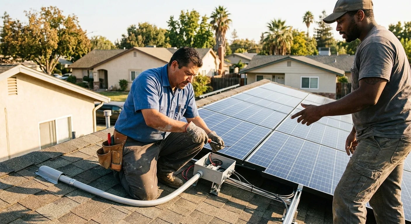 Solar installers mounting roof panels on a Stockton home under clear sky