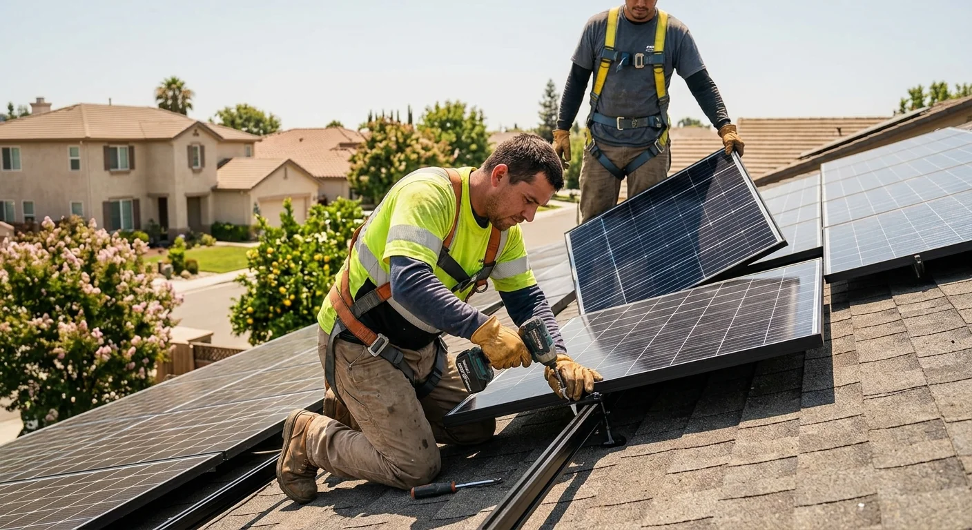 Crew mounting rooftop solar panels on a Stockton home during install