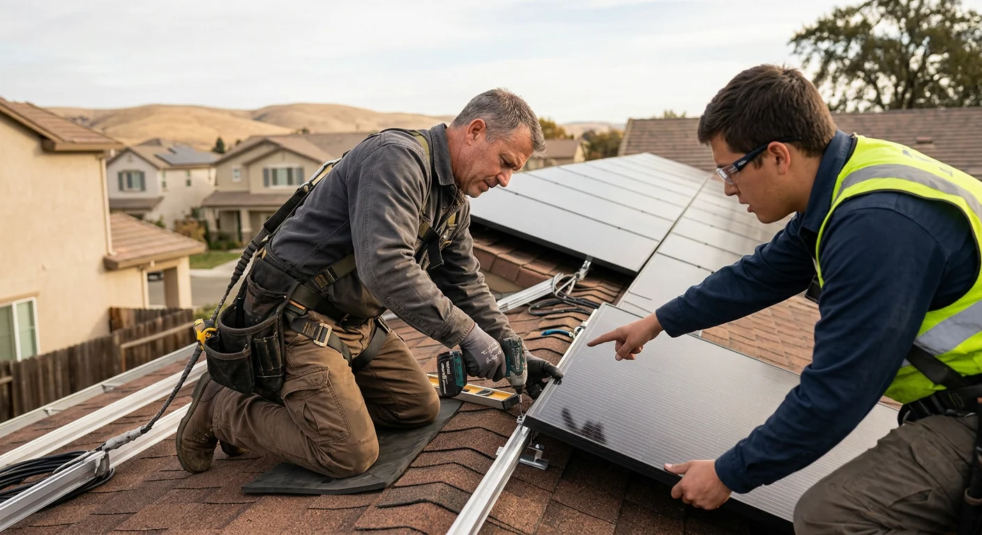 Crew mounting flush solar panels on a Stockton home roofline in sunlight