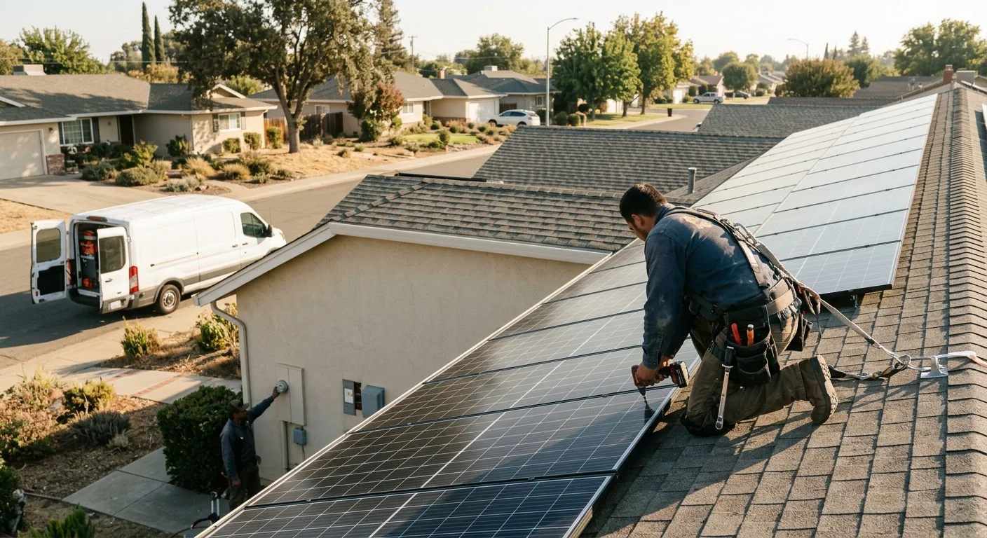 Full residential rooftop solar array on a single-story Stockton home with clean panel rows