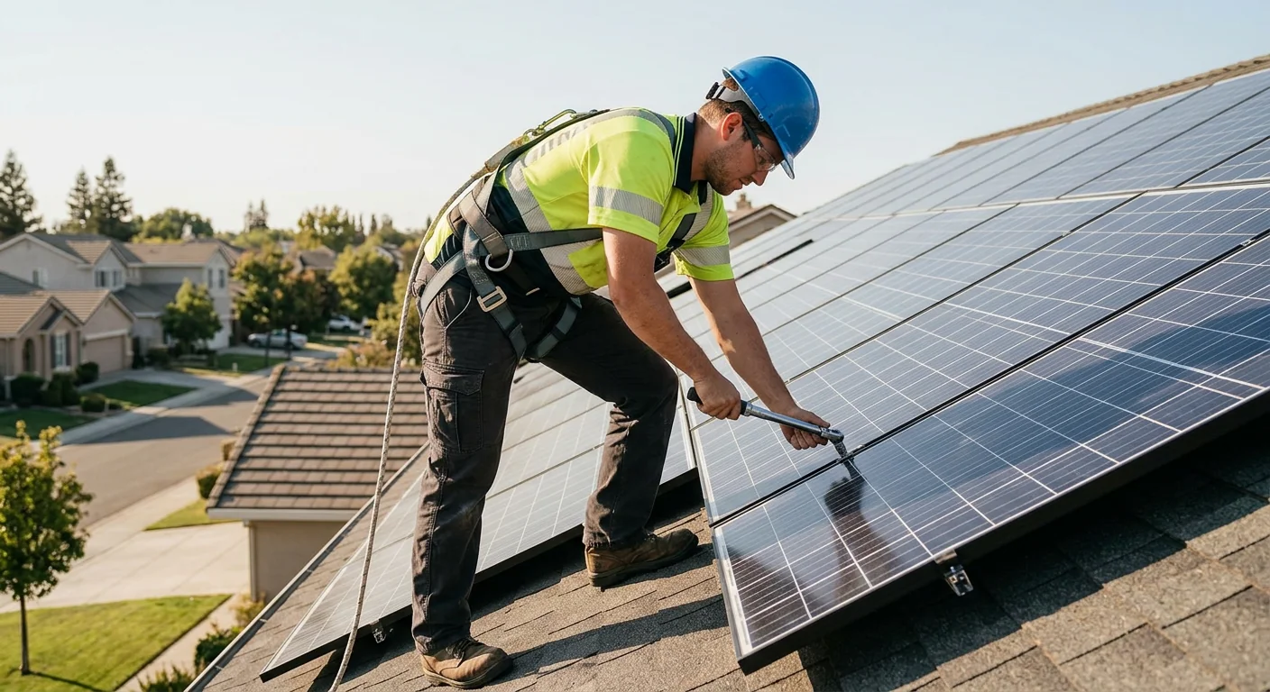 Installer torquing panel connections on a steep two-story roof in Stockton daylight