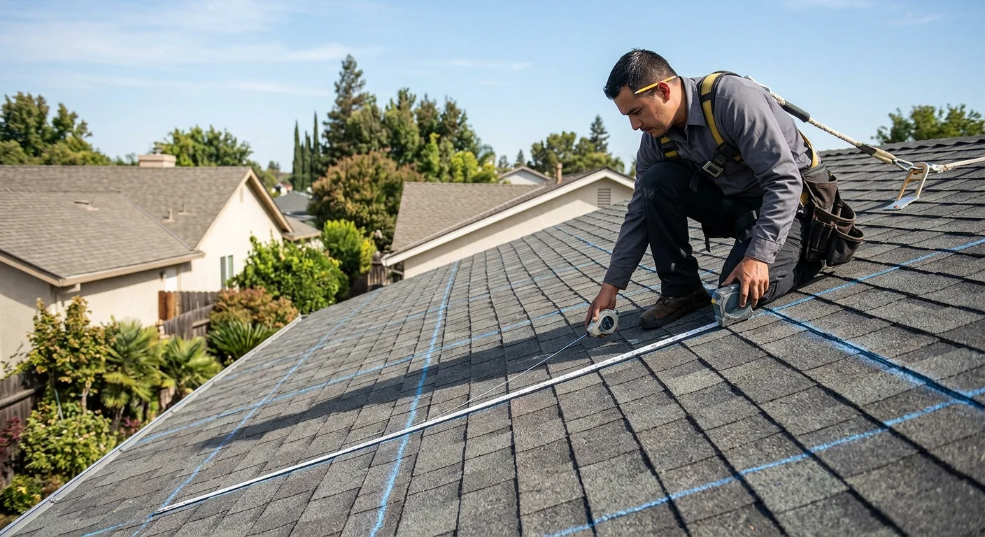 Bare composite shingle roof before solar panels marked for array layout in Stockton