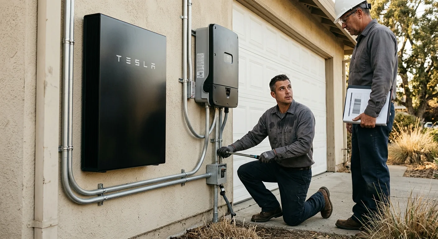 Completed solar system with wall-mounted inverter and battery on a Stockton garage exterior