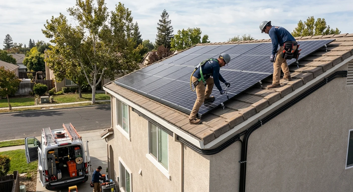 Two-story Stockton home with symmetrical solar panel rows and neat conduit runs