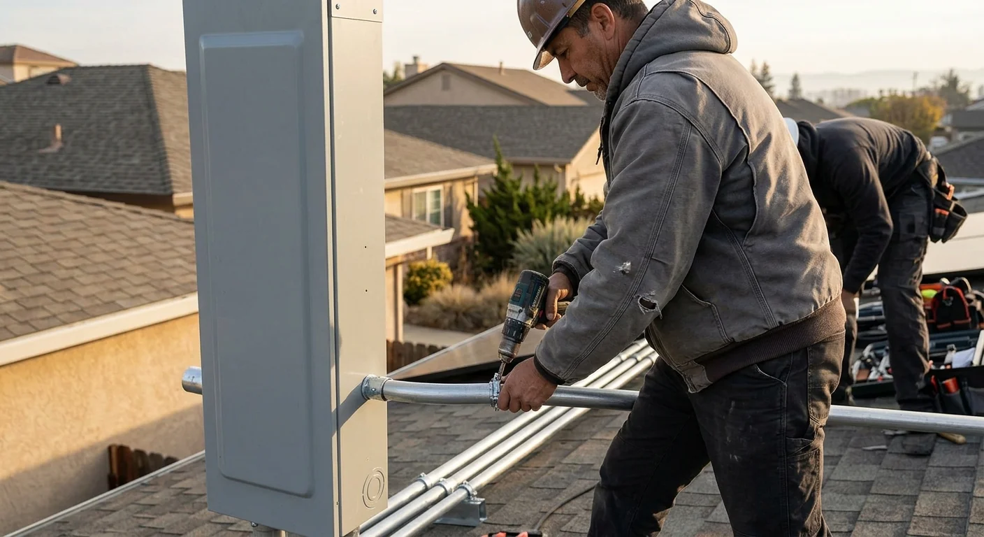 Detail of straight conduit routing along a Stockton rooftop edge into main panel
