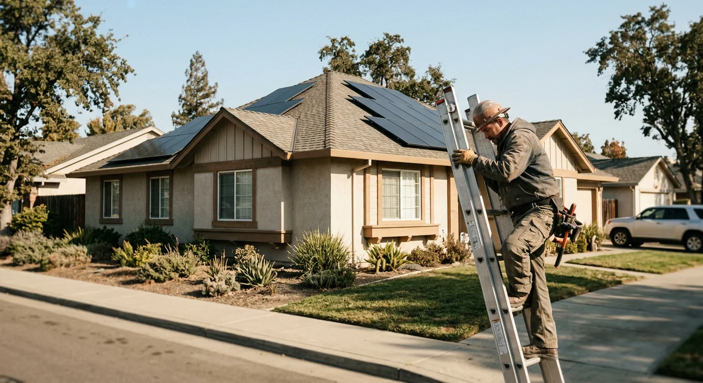 Curb view of a Stockton residence with finished rooftop solar preserving the roofline