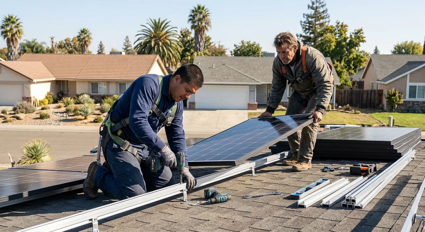 Technician wiring a wall-mounted solar battery bank inside a Stockton garage