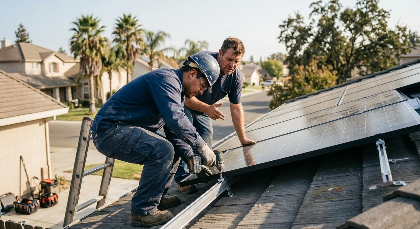 Solar battery installation crew wiring backup storage on a Stockton home exterior
