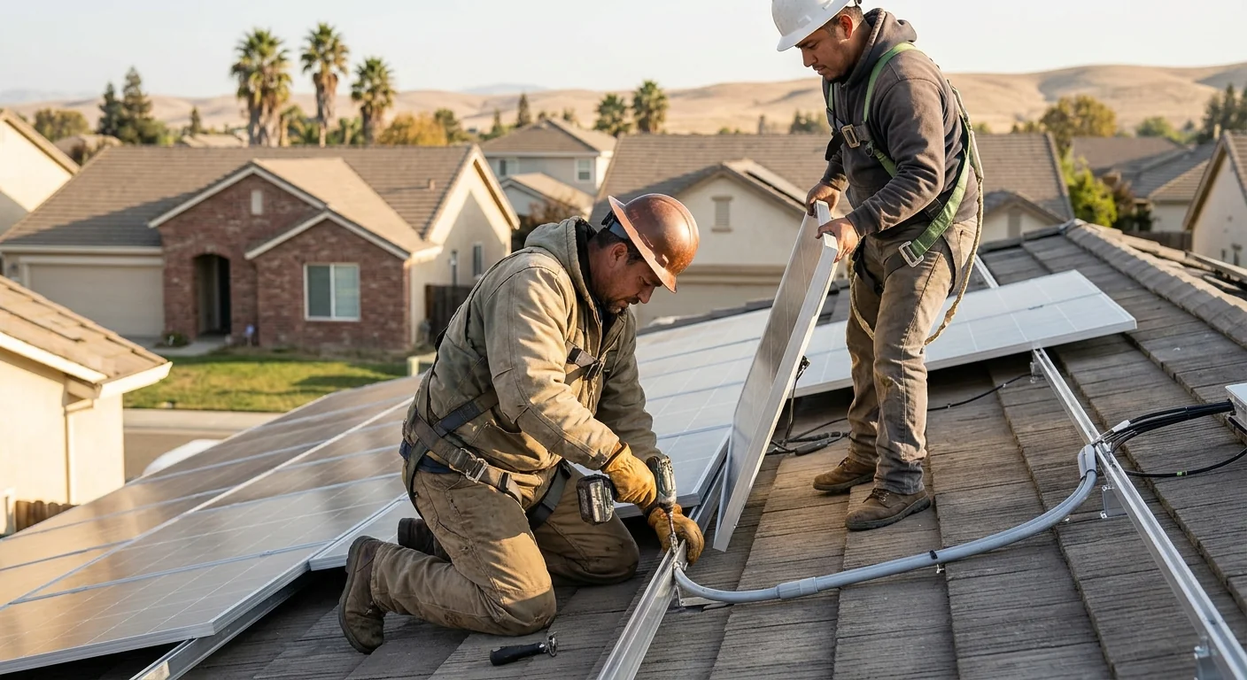Technician mounting a home battery unit on a residential wall in Stockton