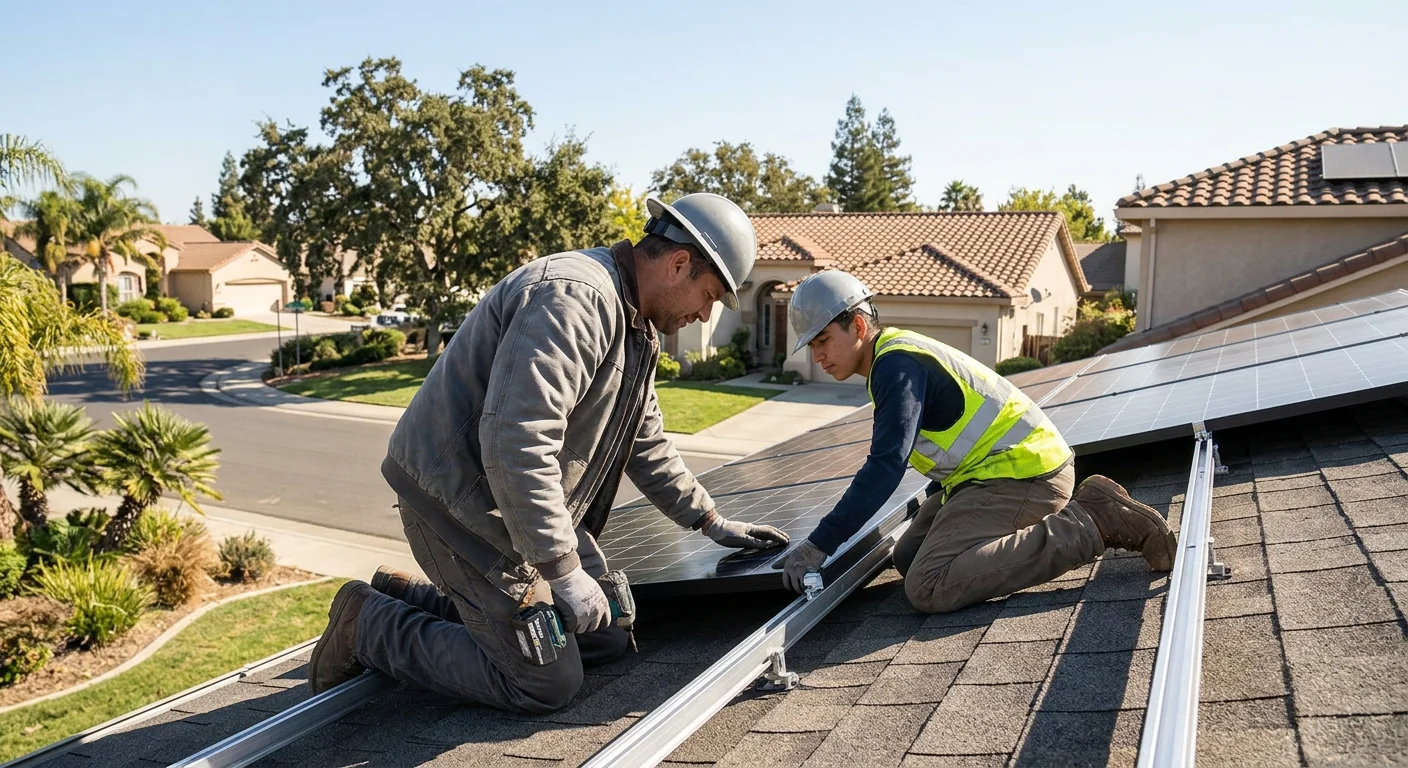 Technician wiring a wall-mounted solar battery enclosure at a Stockton home