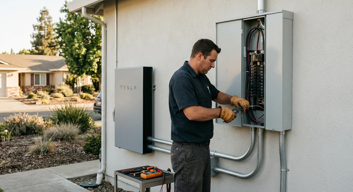 Wall-mounted solar battery neatly installed beside a Stockton home service panel