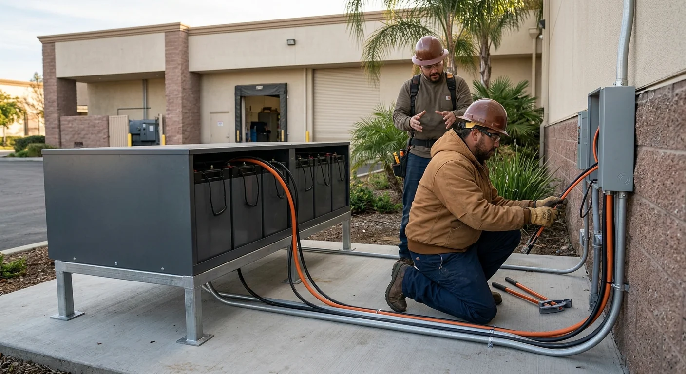 Multi-battery storage bank installed at a Stockton commercial building exterior