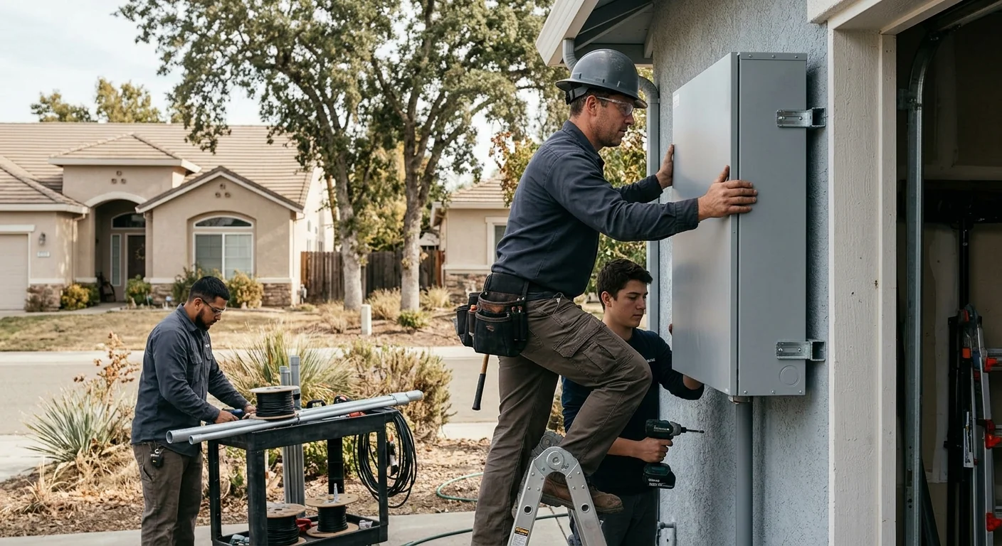 Crew mounting a solar battery enclosure on a garage wall in Stockton