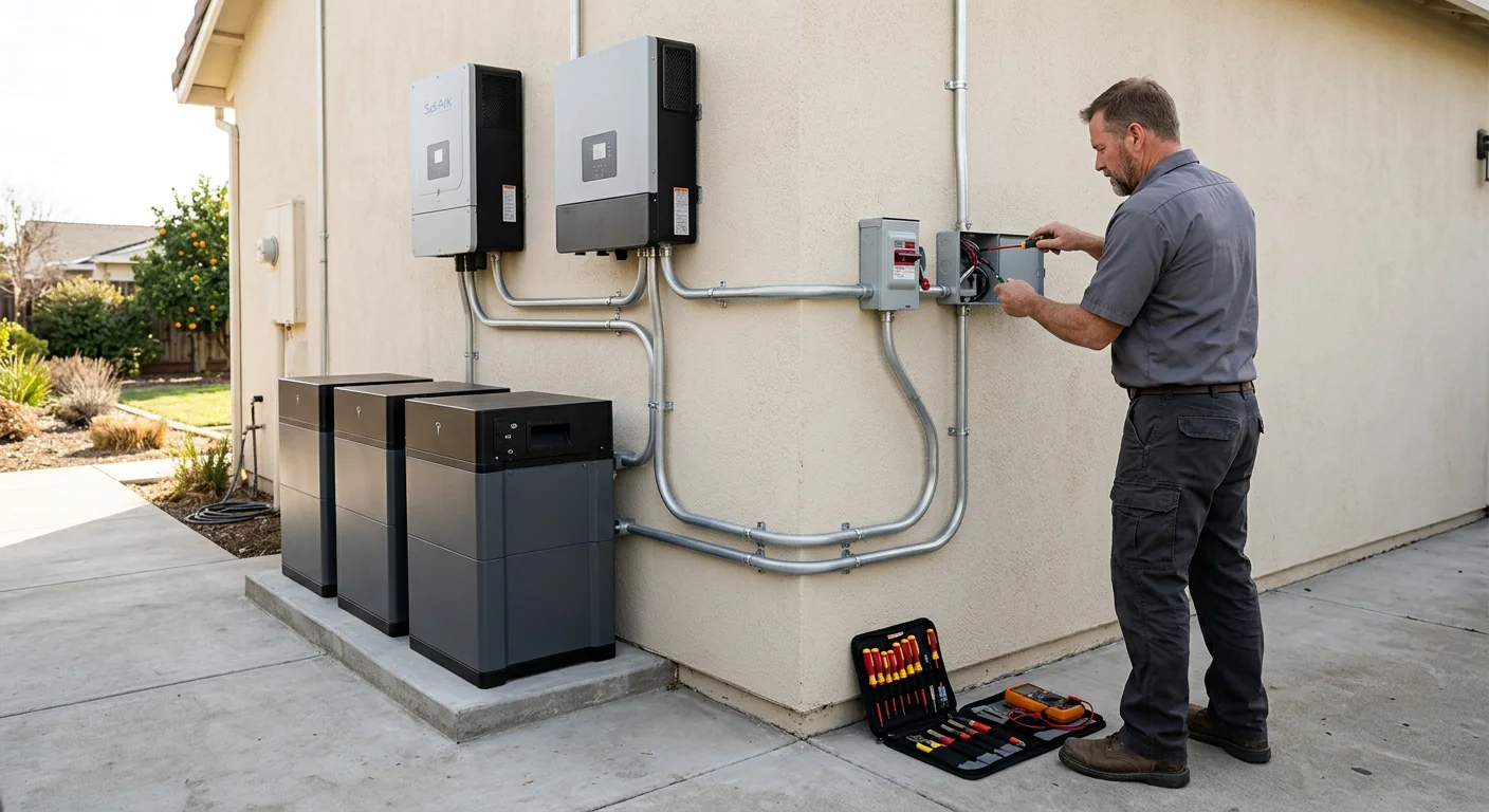 Finished solar battery and hybrid inverter setup with tidy conduit runs