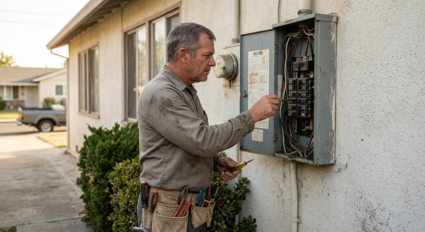 Older Stockton home service panel before battery backup subpanel integration