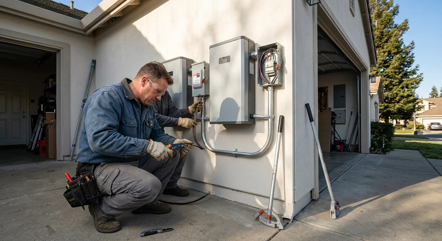 Wide view of residential garage wall with battery storage and disconnects installed
