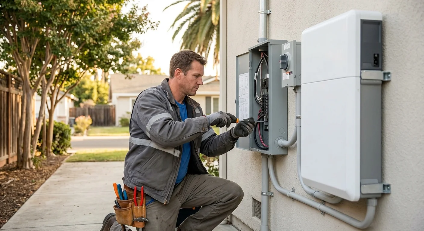 Backup subpanel and battery unit mounted along a clean Stockton exterior wall