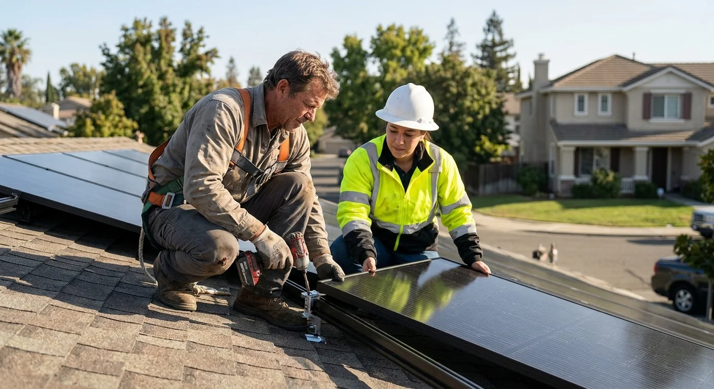 Technician checking solar inverter wiring during a replacement job at a Stockton home