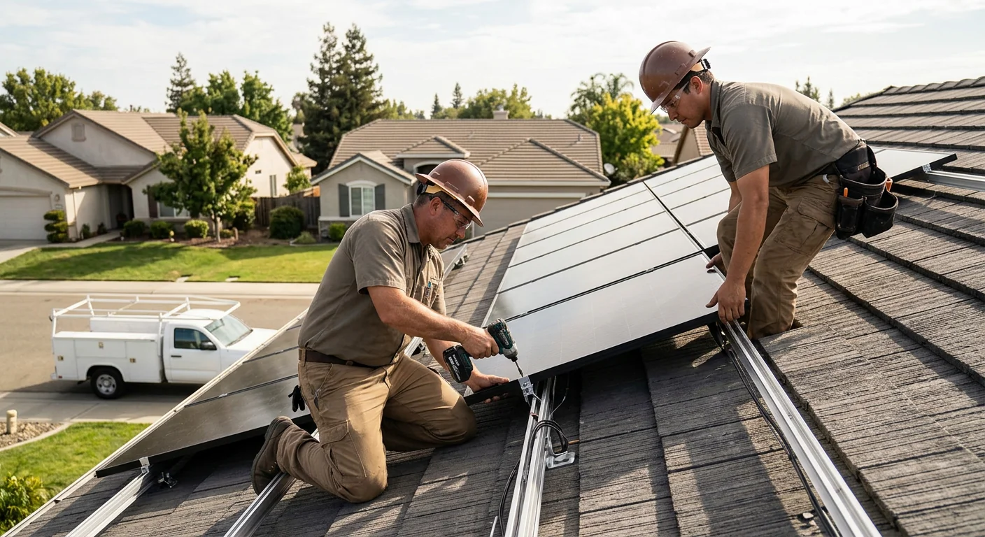 Solar technician replacing a rooftop inverter on a Stockton home