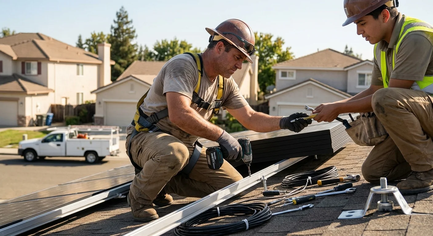 Technician mounting a string inverter on an exterior wall during a solar upgrade
