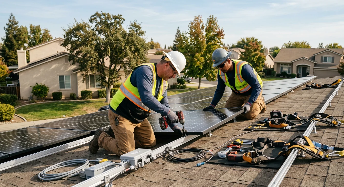 Technician mounting a new solar inverter on a Stockton home exterior wall